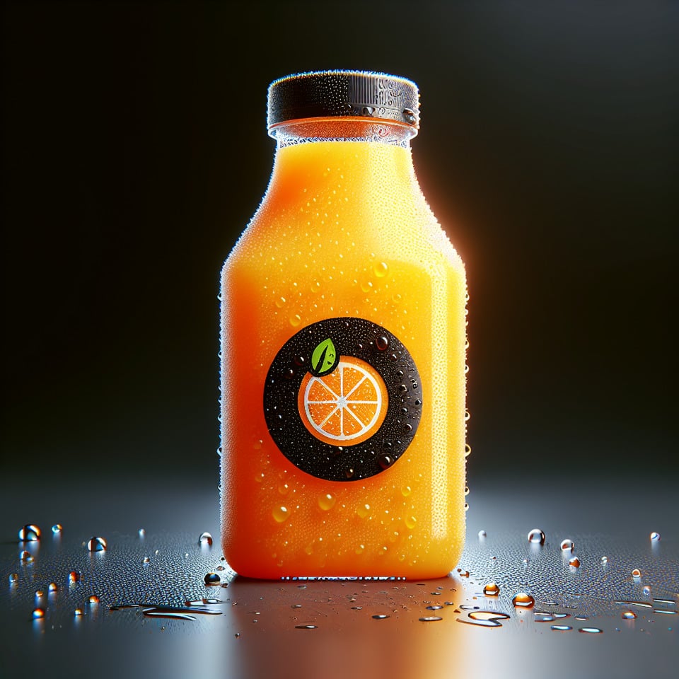 orange juice bottle with drops of water with an attractive loge on bottle3d render text effect image