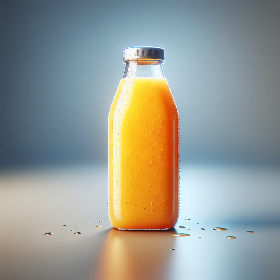 orange juice bottle with drops of water with an attractive logo on bottle3d render text effect image