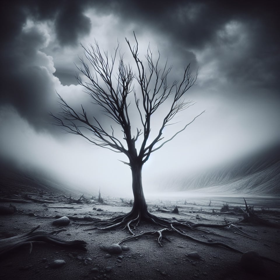 A disaster tree with no leavesportraying a stark and desolate environment. text effect image