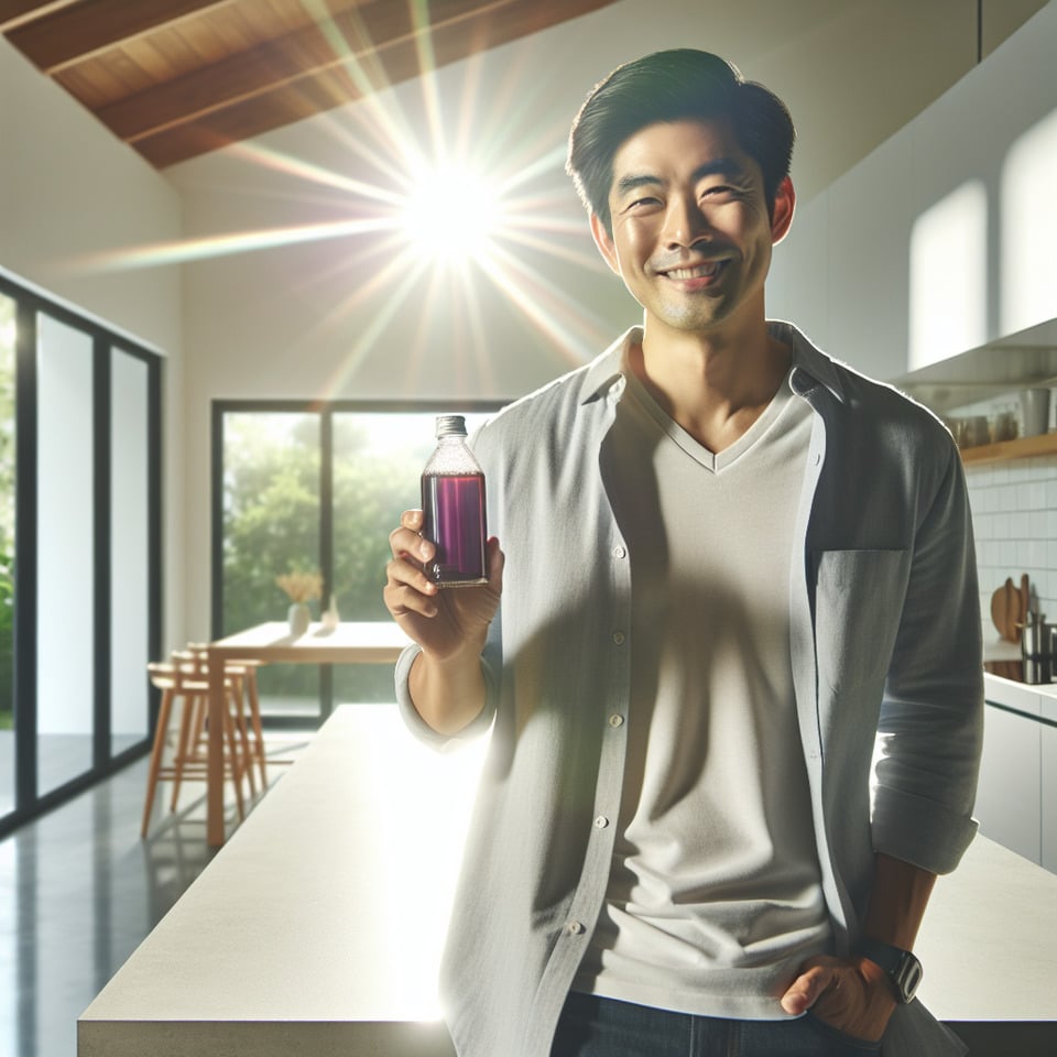 A brightmodern kitchen flooded with sunlight. A person holds up a bottle of the new Gastric Relief Syrupsmiling confidently text effect image