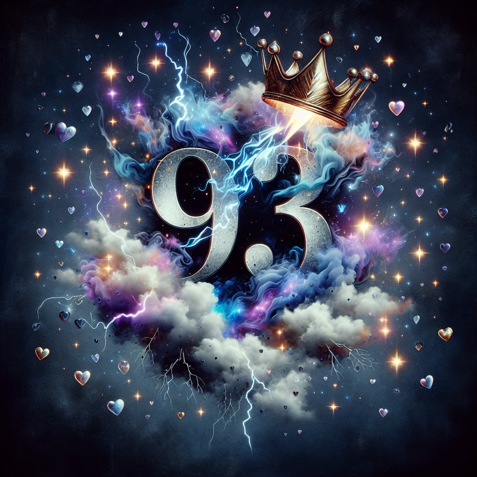 The name 93 with smoke lightning stars IN DIFFERENT SHADES OF BLUE and purple metalic and a golden crown,small heartsvintage text effect image