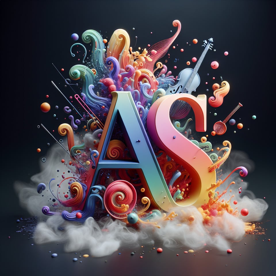 Text A.J.S in a 3d text effect with colorful splash of musical instruments elements animations in a smoky white background text effect image
