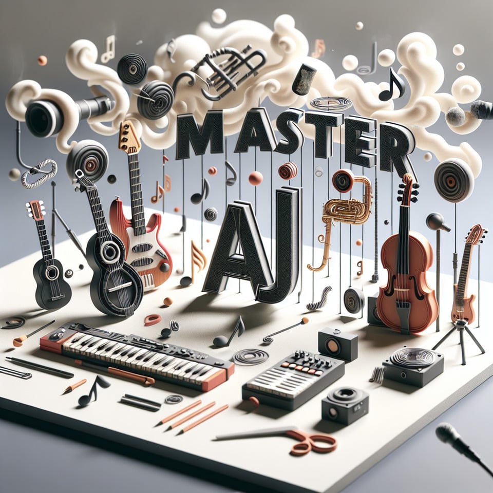 Text Master AJ in a 3d text effect with musical instruments elements animations in a smoky white background text effect image