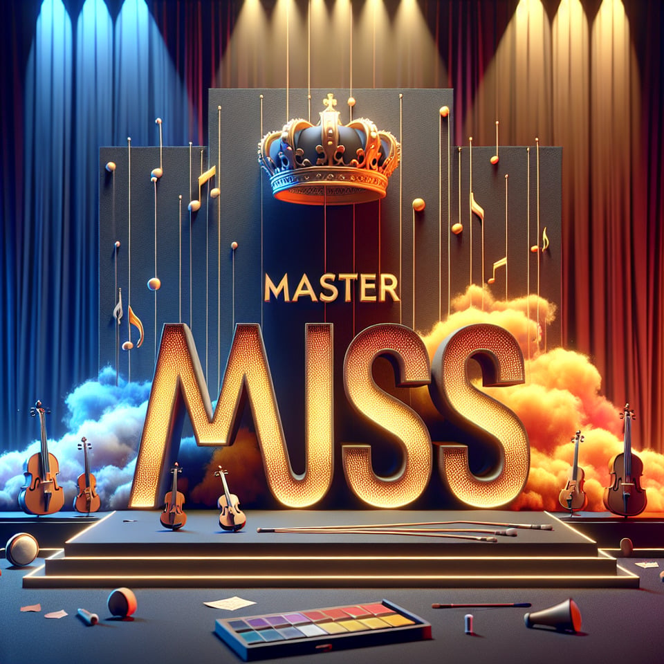 Text Master AJS in a 3d text effect with King's crown in a theme of musical instruments elements animations in an epic cinematic background text effect image