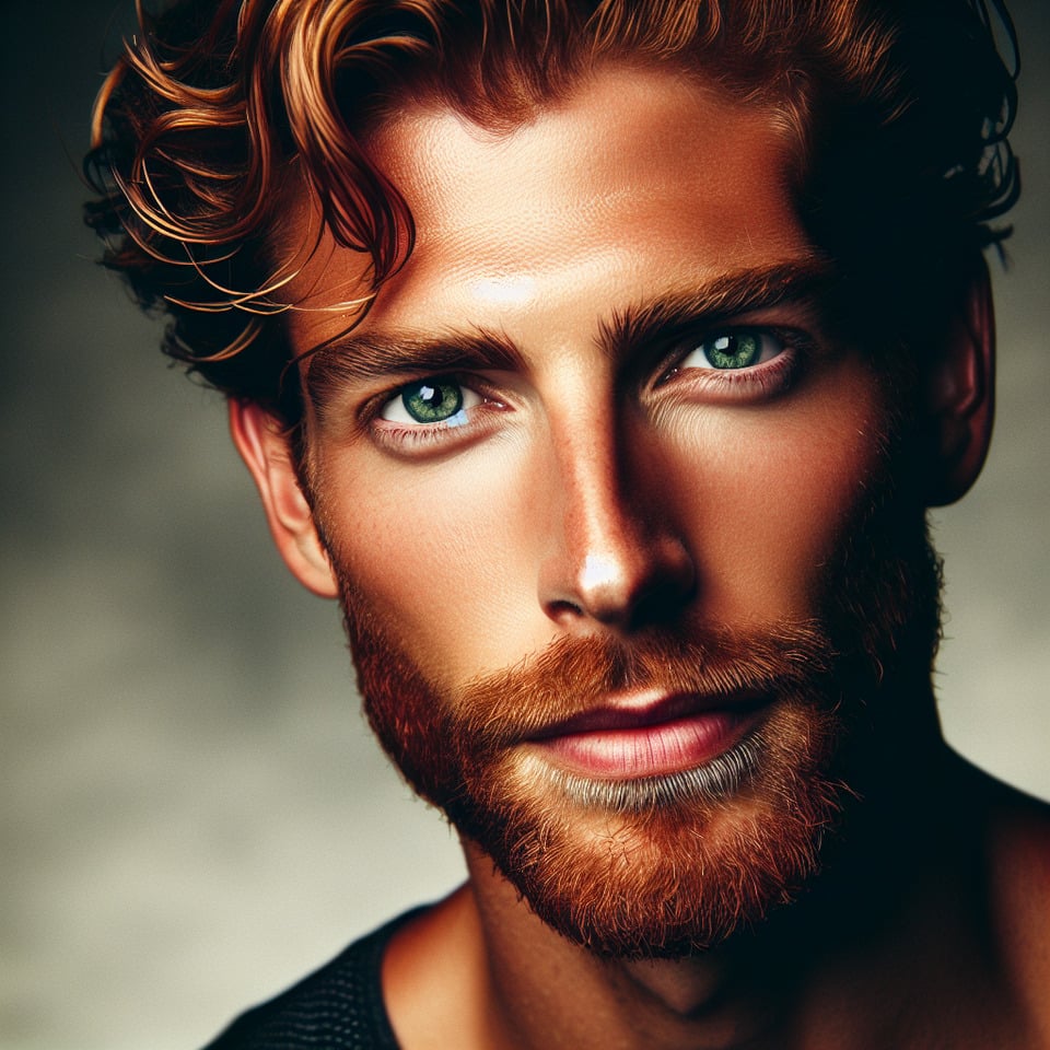 Hombre pelirrojocon barba incipienteojos verdesmuy guapo y fuerte. text effect image