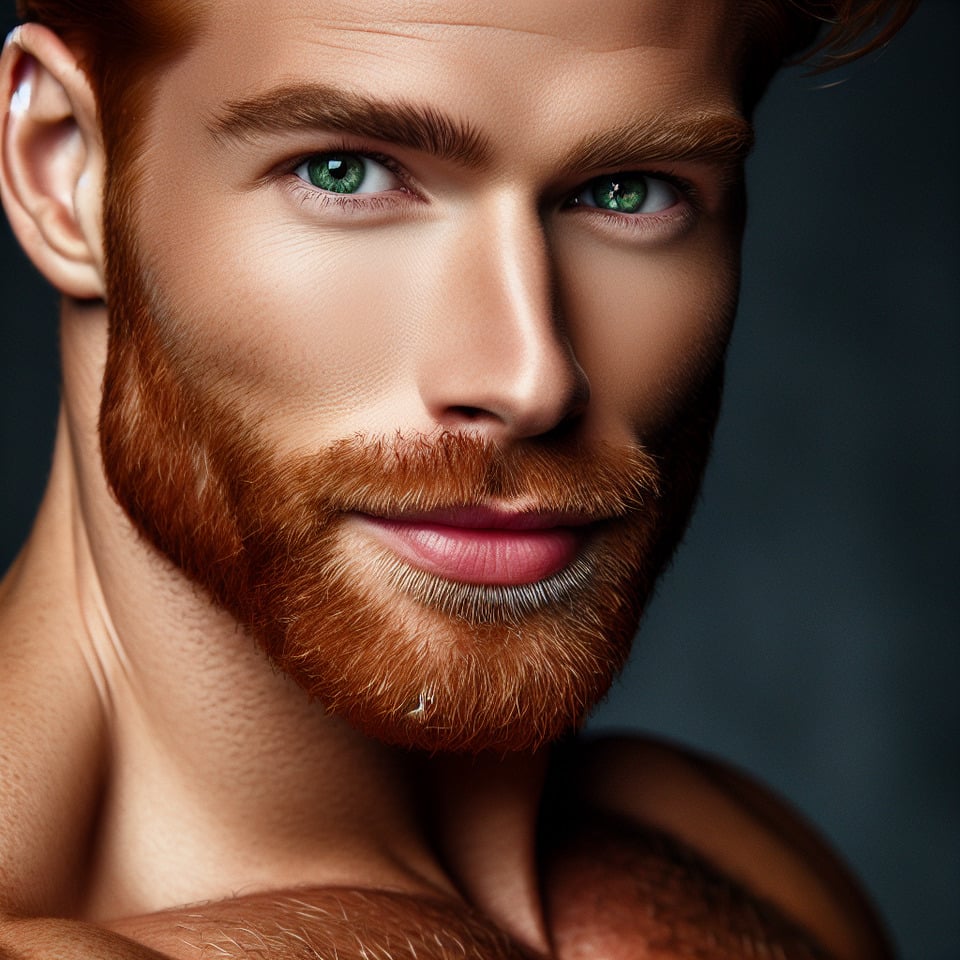 Hombre pelirrojocon barba incipienteojos verdesmuy guapo. Peligroso y fuerte de 25 añosde rostro varonil. text effect image