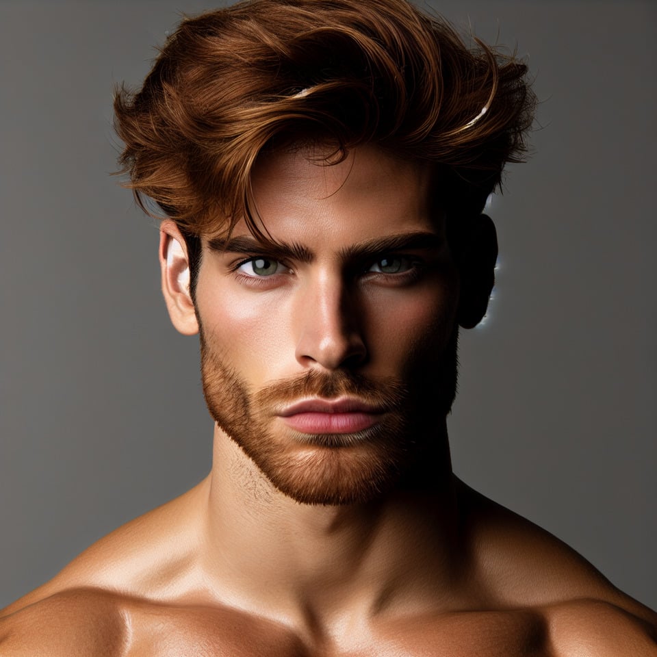 chico peligroso y fuerte de 25 añosde rostro varonilpelo rojo y alborotadode ojos verdespoquita barba. text effect image