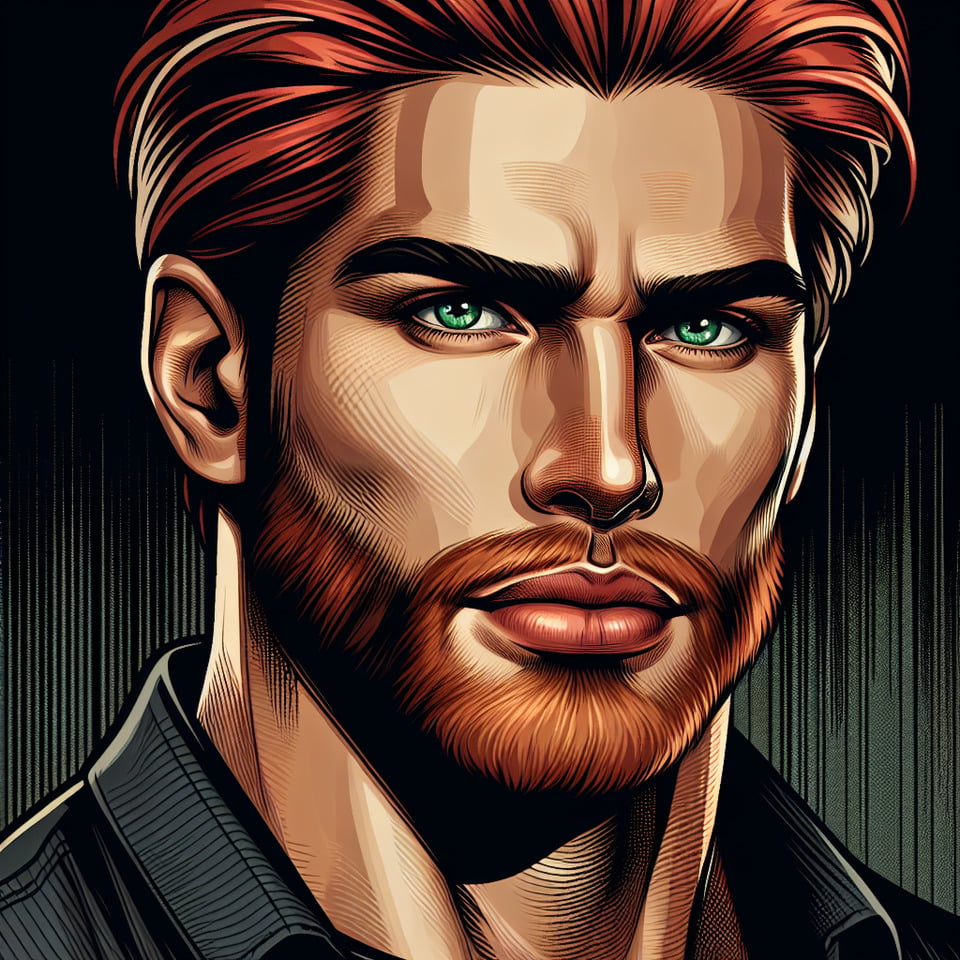 chico peligroso y fuerte de 25 añosde rostro varonilpelirrojode ojos verdesirlandéspoquita barba.illustrationcinematicposter text effect image