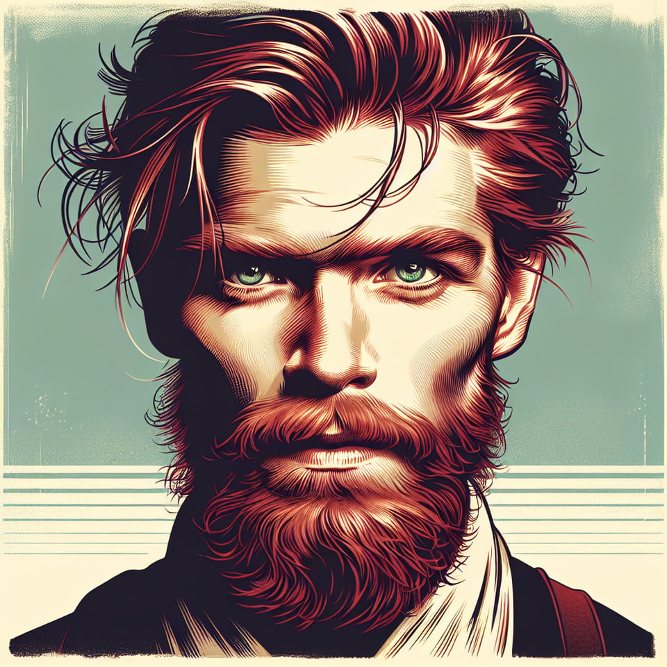 chico peligroso y fuerte de 25 añosde rostro varonilpelirrojode ojos verdesirlandéssin barbaillustrationcinematicposter text effect image