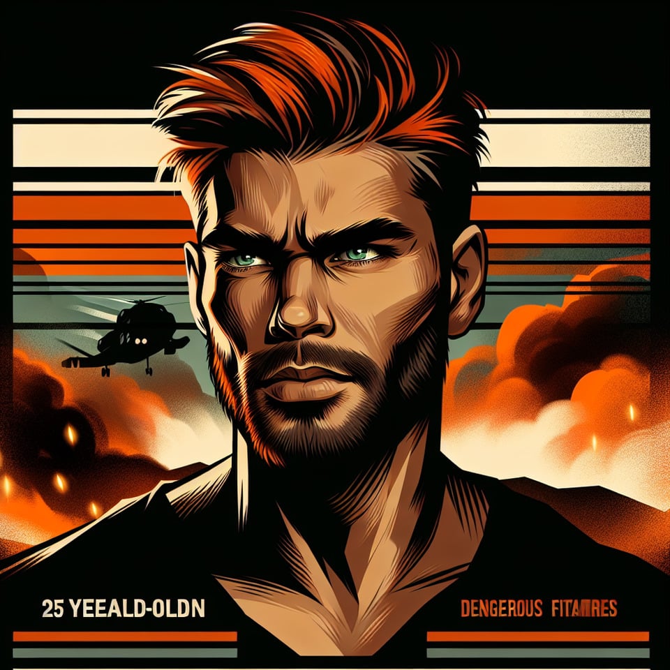 chico peligroso y fuerte de 25 añosde rostro varonilpelirrojode ojos verdes. illustrationcinematicposter text effect image
