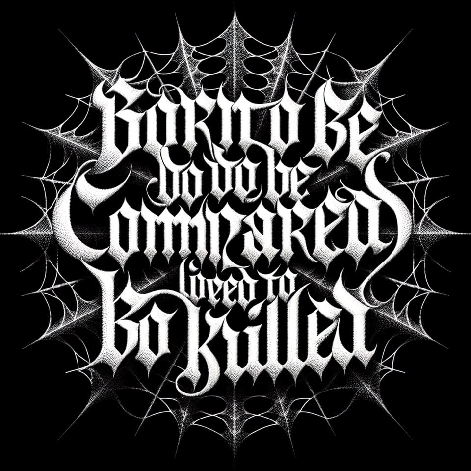 I want this title « born to be comparedlived to be killed » to be written using a spider webs text effect in black and white text effect image