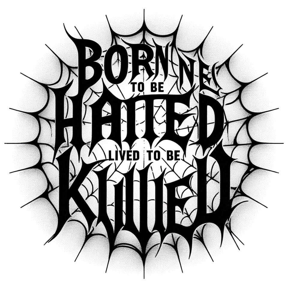 I want this title « born to be hatedlived to be killed » to be written using a spider webs text effect in black and white text effect image