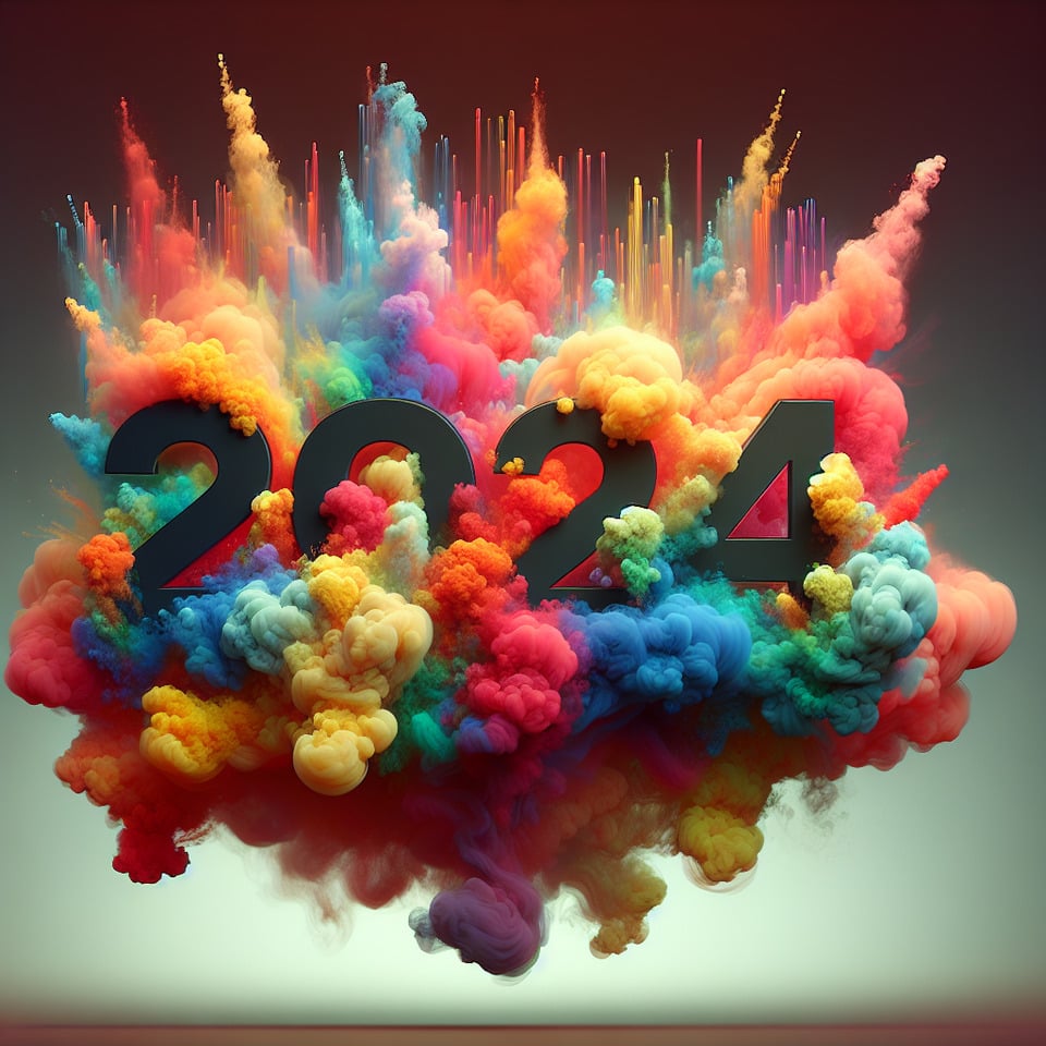 Text 2024 colorful splash 3d text and smoky background text effect image