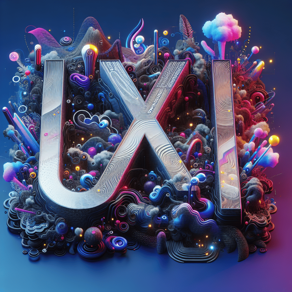 A captivating 3D text design showcasing the intersection of user experience (UX) and user interface (UI), with sleek and futuristic typography floating in a digital environment. The text appears to emerge from a dynamic background filled with vibrant colors and abstract shapes, symbolizing the creative and innovative nature of UX/UI design, Artwork, digital rendering using 3D modeling software to create intricate textures and lighting effects text effect image