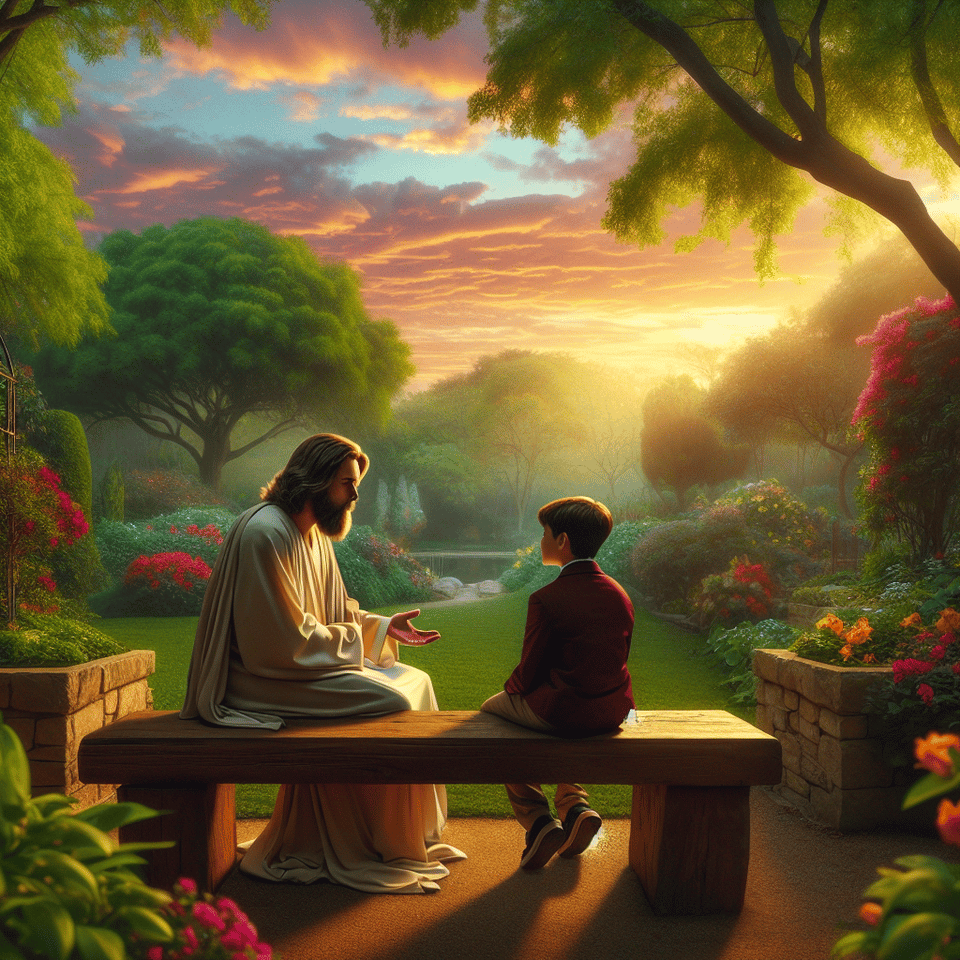 A picture of resurrected Jesus sitting on a bench and talking to a boy in a peaceful place text effect image