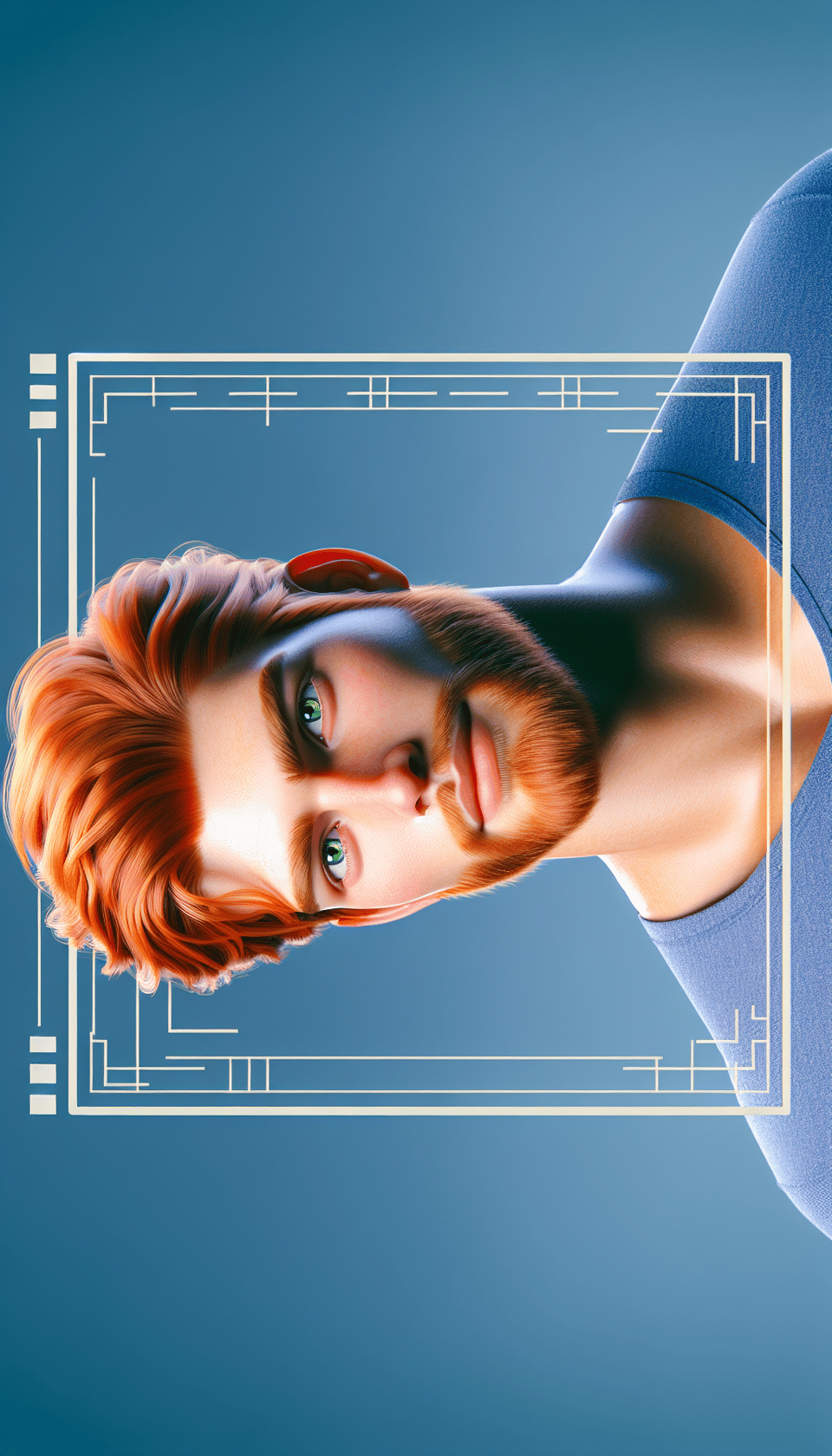 Hombre joven, pelirrojo, pelo alborotado, barba incipiente, guapo, fuerte, ojos verdes, de unos 25 años de edad. , poster, 3d render, cinematic text effect image