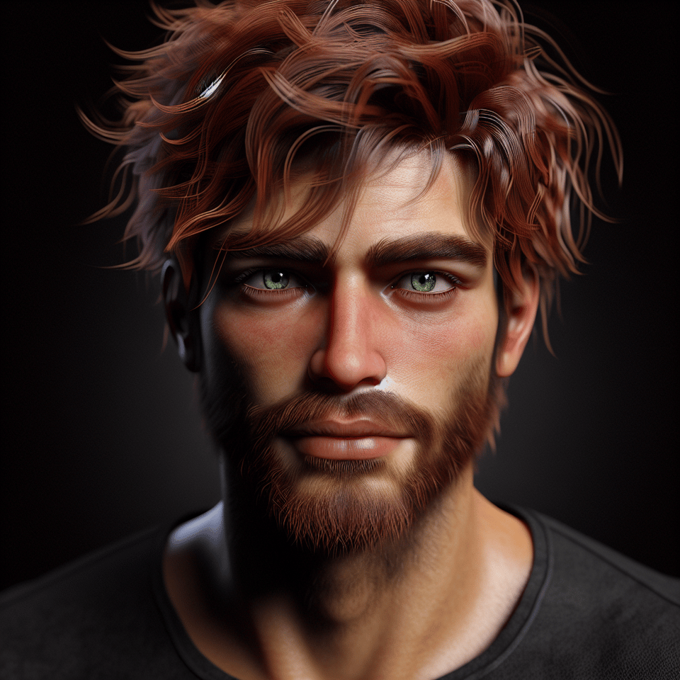 Hombre joven, pelirrojo, pelo alborotado, barba incipiente, guapo, fuerte, ojos verdes, de unos 25 años de edad. , poster, 3d render, cinematic, dark fantasy, conceptual art text effect image
