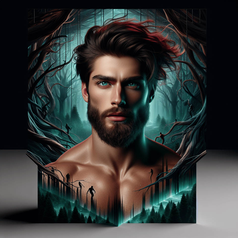 Hombre joven, pelirrojo, pelo alborotado, barba incipiente, guapo, fuerte, ojos verdes, de unos 25 años de edad. Fondo bosque, poster, 3d render, cinematic, dark fantasy text effect image