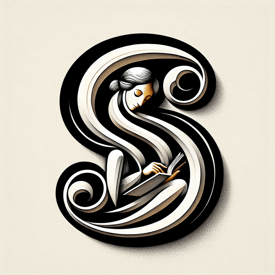 Caligraphic art where a lady reading book should also look alike the letter S. text effect image