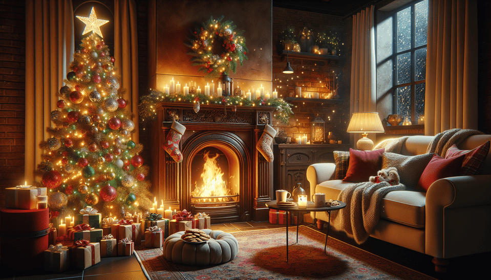 Warm Christmas room next to a burning fire, Christmas tree with gifts, sofa and table set --ar 16:9 --style raw text effect image