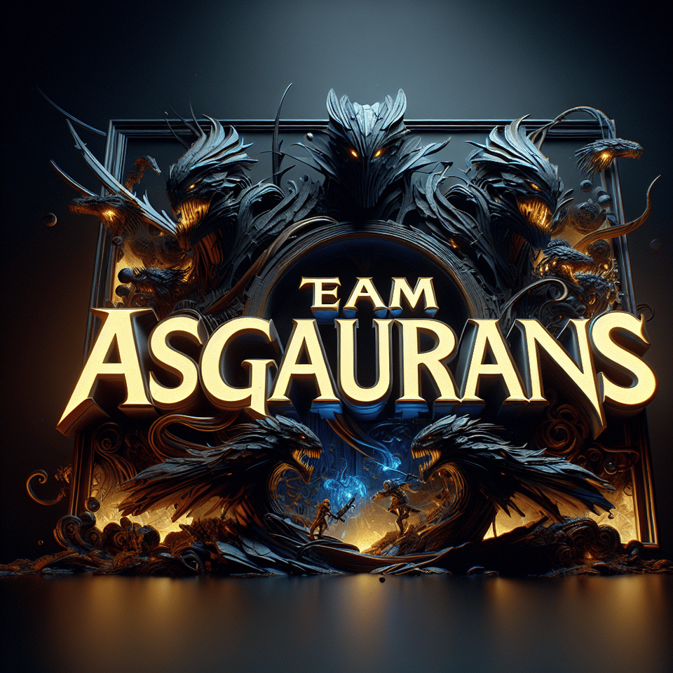 The text ' TEAM ASGAURDIANS' with a stunning look, 3d render, typography, poster, dark fantasy text effect image