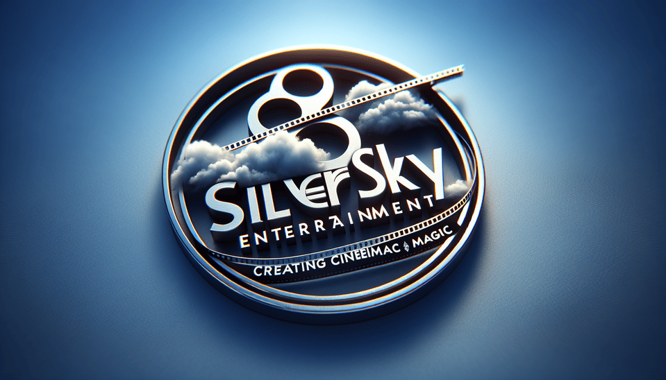 Silversky Entertainment 3D logo for film production company with film reel elements, subtle gradient, bolder font, and tagline and dynamic sky,Silversky Entertainment,*Creating Cinematic Magic*, 3d render text effect image