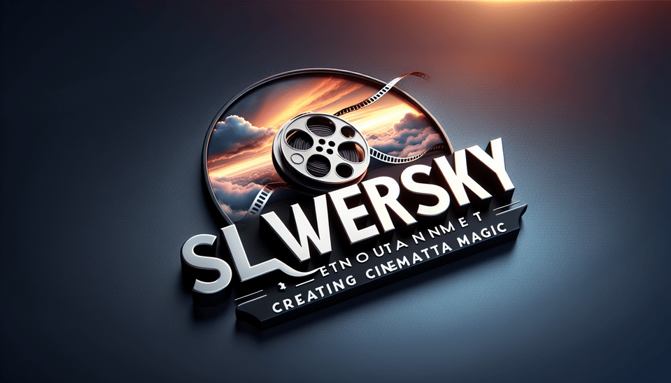 Silversky Entertainment 3D logo for film production company with film reel elements, subtle gradient, bolder font, and tagline and dynamic sky,Silversky Entertainment,*Creating Cinematic Magic*, 3d render text effect image