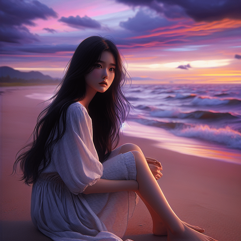 a girl sitted at the beach all alone text effect image