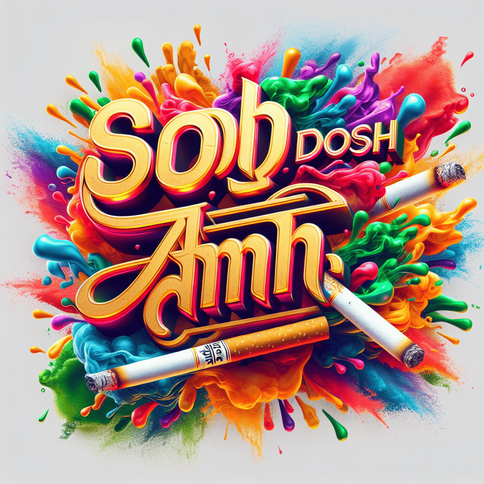 文字「Sob Dosh Amar」彩色飛濺 3d 文字和菸草背景 text effect image
