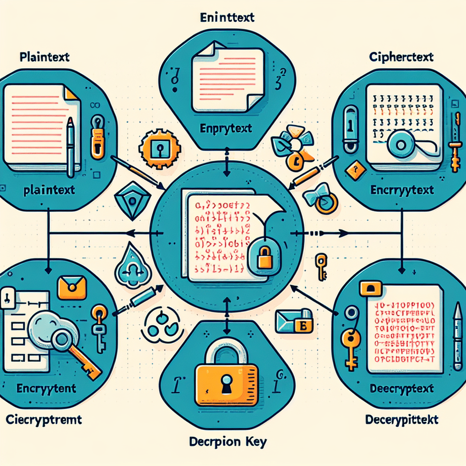 Title: Data Encryption: Securing Information,,1. Plaintext:, Description: Original, readable data that needs to be protected.,,2. Encryption Algorithm:, Description: Mathematical function or algorithm used to transform plaintext into ciphertext.,,3. Encryption Key:, Description: Secret parameter or value used by the encryption algorithm to perform the encryption process.,,4. Ciphertext:, Description: Encrypted data resulting from the encryption process.,,5. Decryption Algorithm:, Description: Mathematical function or algorithm used to reverse the encryption process and convert ciphertext back into plaintext.,,6. Decryption Key:, Description: Secret parameter or value used by the decryption algorithm to perform the decryption process.,, illustration text effect image