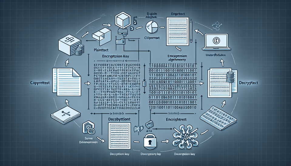 Title: Data Encryption: Securing Information,,1. Plaintext:, Description: Original, readable data that needs to be protected.,,2. Encryption Algorithm:, Description: Mathematical function or algorithm used to transform plaintext into ciphertext.,,3. Encryption Key:, Description: Secret parameter or value used by the encryption algorithm to perform the encryption process.,,4. Ciphertext:, Description: Encrypted data resulting from the encryption process.,,5. Decryption Algorithm:, Description: Mathematical function or algorithm used to reverse the encryption process and convert ciphertext back into plaintext.,,6. Decryption Key:, Description: Secret parameter or value used by the decryption algorithm to perform the decryption process.,, illustration text effect image