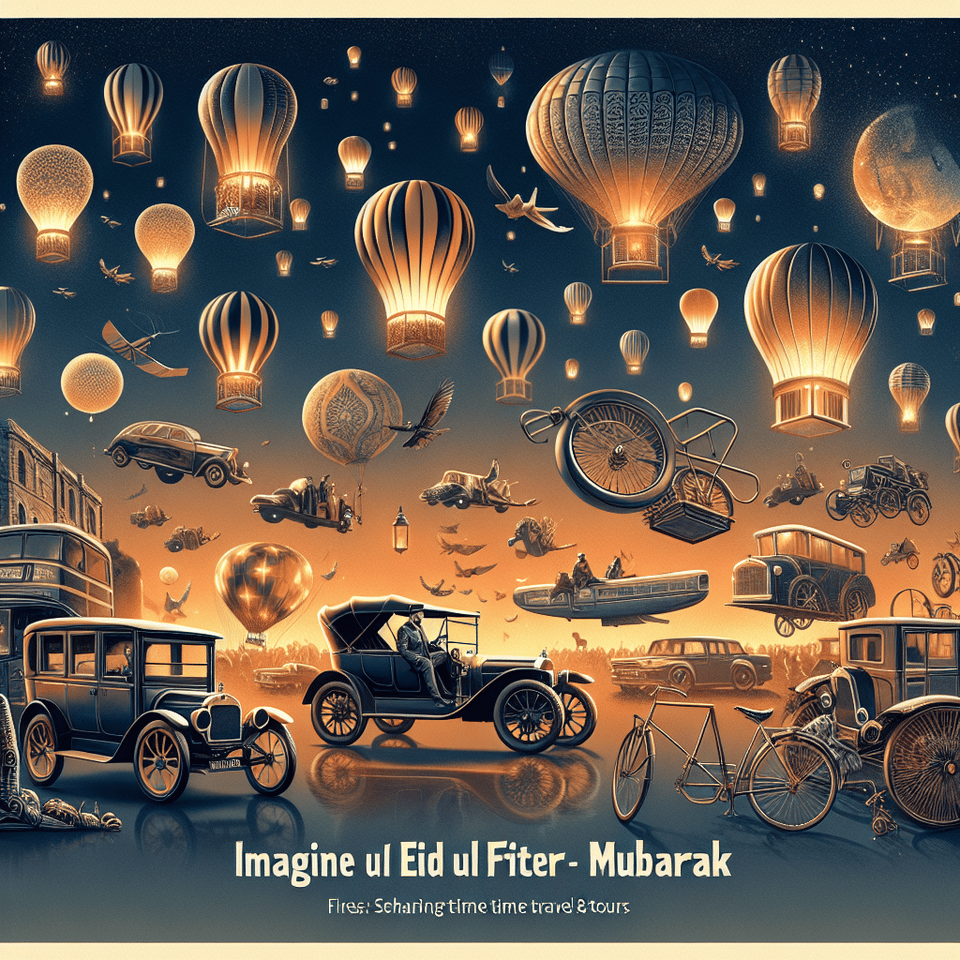A captivating and innovative Eid Ul Fitr Mubarak poster by Time Travel & Tours. Floating lanterns, and diverse modes of transportation. The design embodies warmth, happiness, and unity, making it the perfect greeting for the festive occasion. text effect image