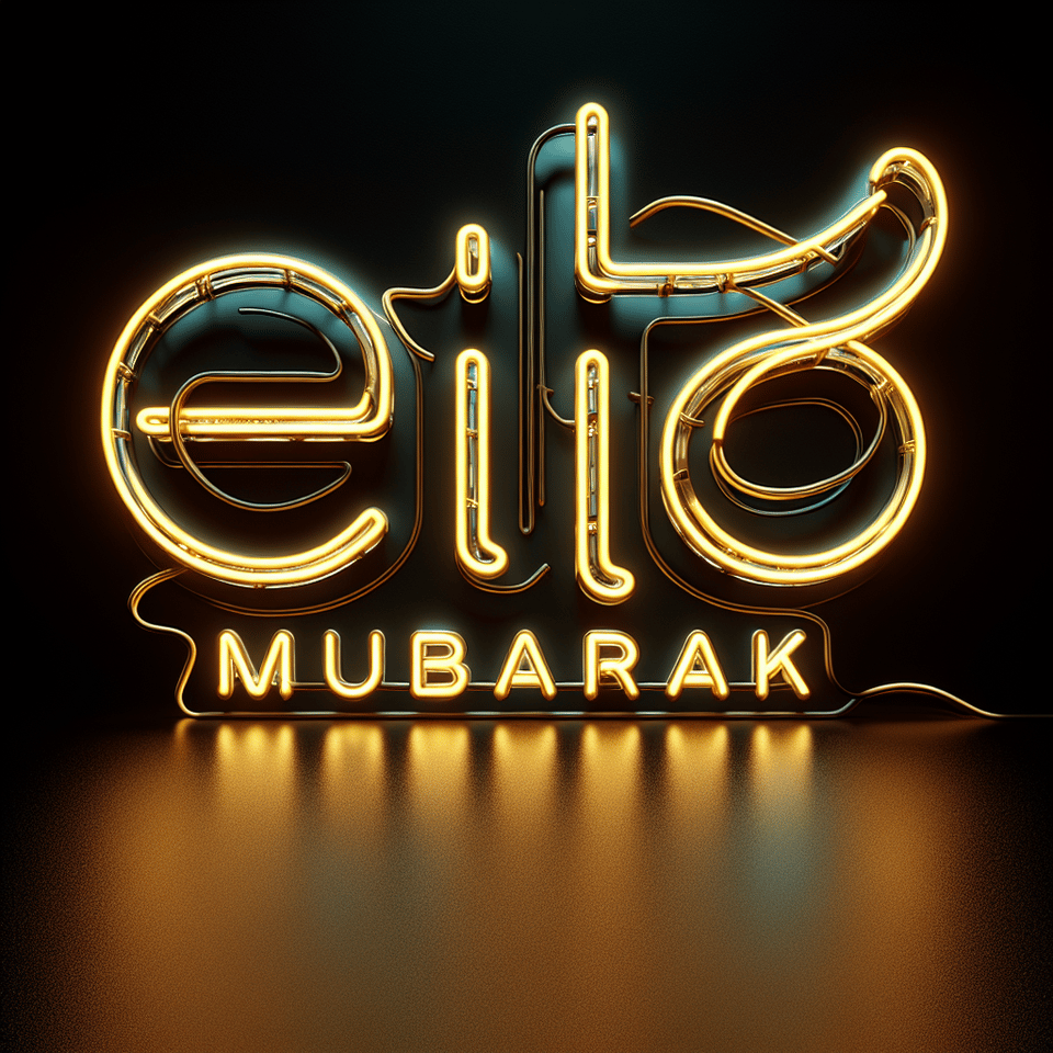 'make 3d Neon golden text of EID MUBARAK' text effect image