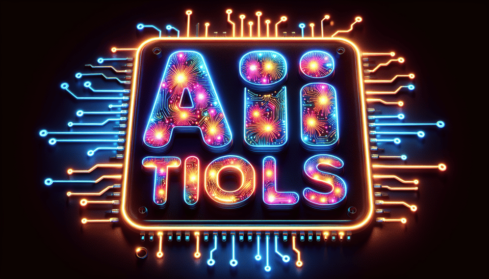 textAI Tools neon electric sparks , 3d effect , colourful and with dark microchip circuit backgrounds, 3d render, typography, photo text effect image