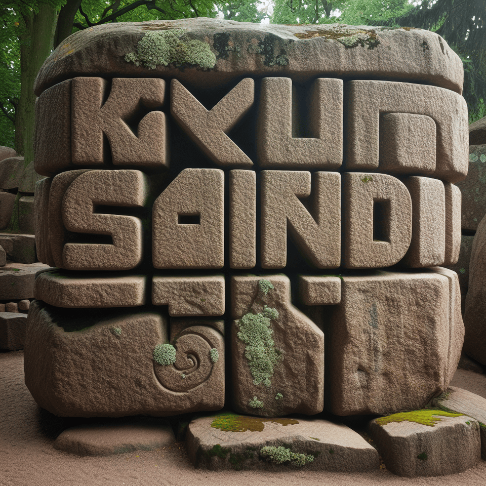 Text KIVI SAUNDI carved in stone block letters, chunky monolithic weathered stone with moss and lichen text effect image