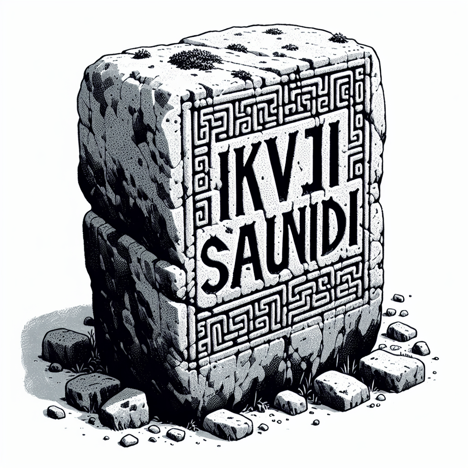 Text exactly reads  KIVI SAUNDI carved in granite stone block letters, chunky monolithic weathered stone with moss and lichen text effect image
