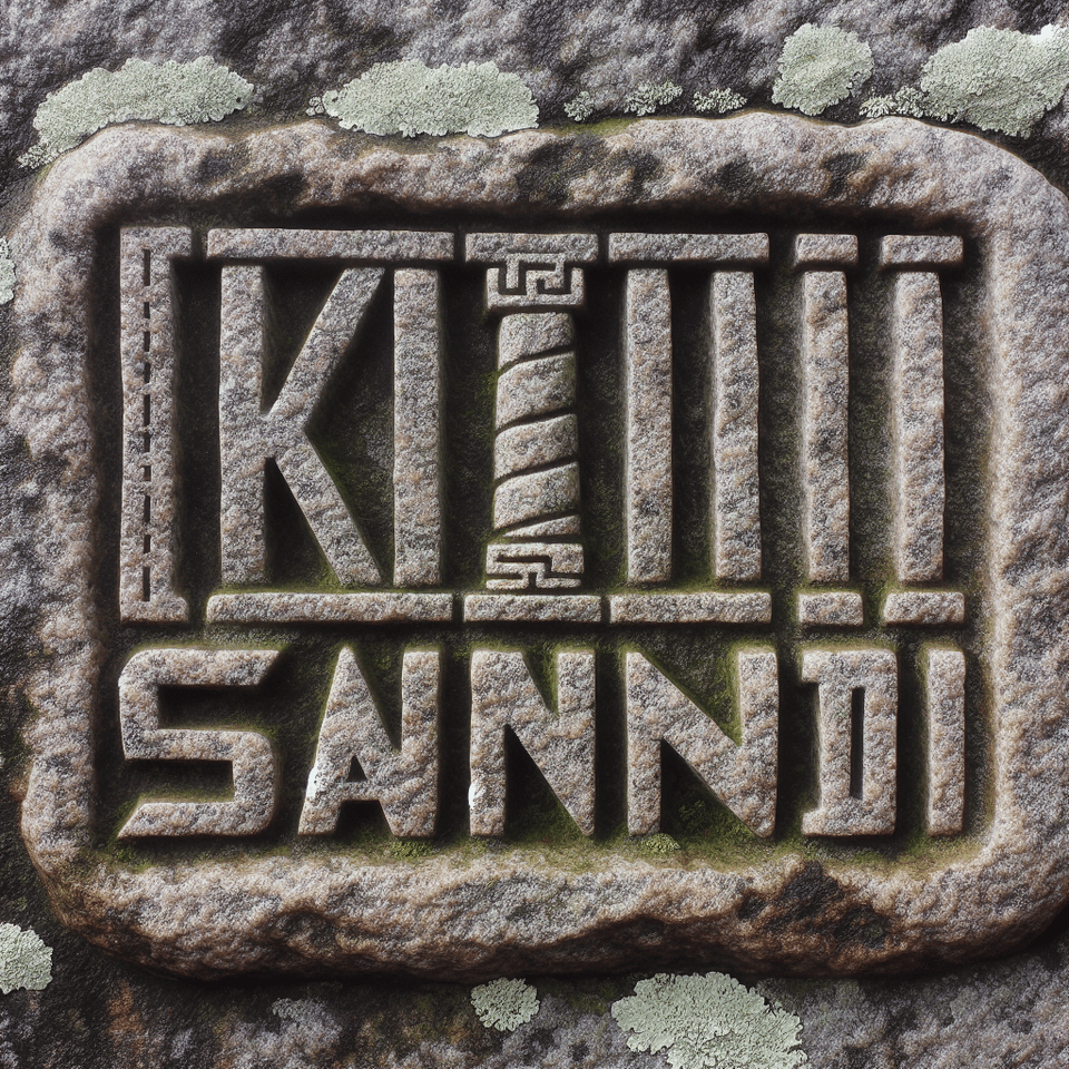 Text exactly reads  KIVI SAUNDI carved in granite stone block letters, chunky monolithic weathered stone with moss and lichen text effect image