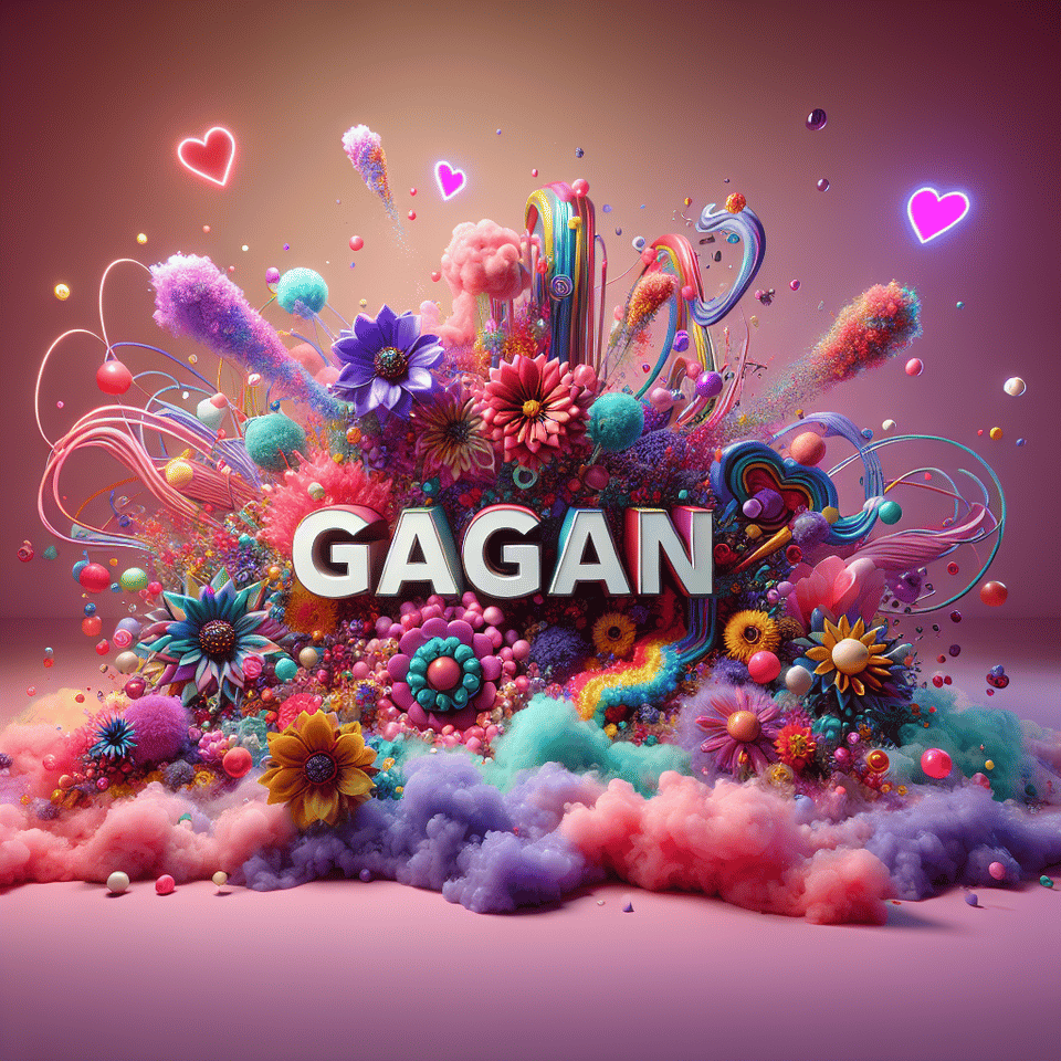 Name Gagan written on the background, small colorful touches of 3D paint and with colorful flowers and pink and purple smoke included. Everything in front with hearts in neon, 3D rendering, 3k, 3d render text effect image