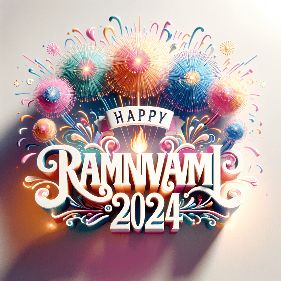 Happy Ramnavmi 2024 lettering with fireworks on white background text effect image