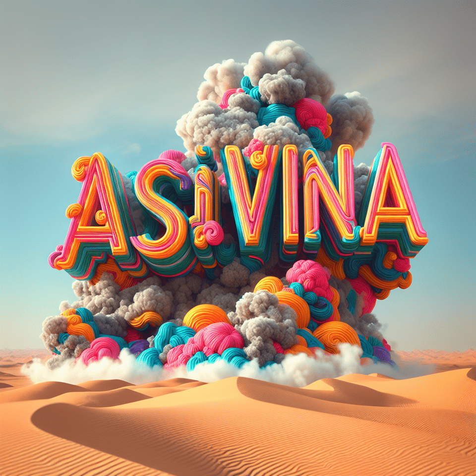 Văn bản logo ASIAVINA văn bản 3d đẹp mắt đầy màu sắc và nền khói trên sa mạc text effect image