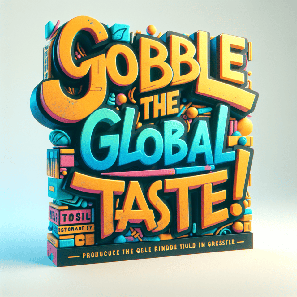 Gobble the Global Taste!, 3d render, vibrant, graffiti, typography text effect image