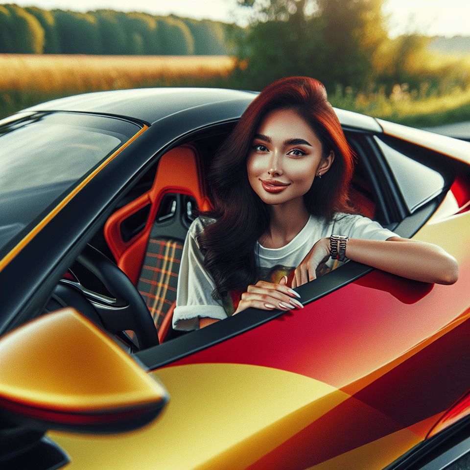 girl in the red yellow sports car text effect image