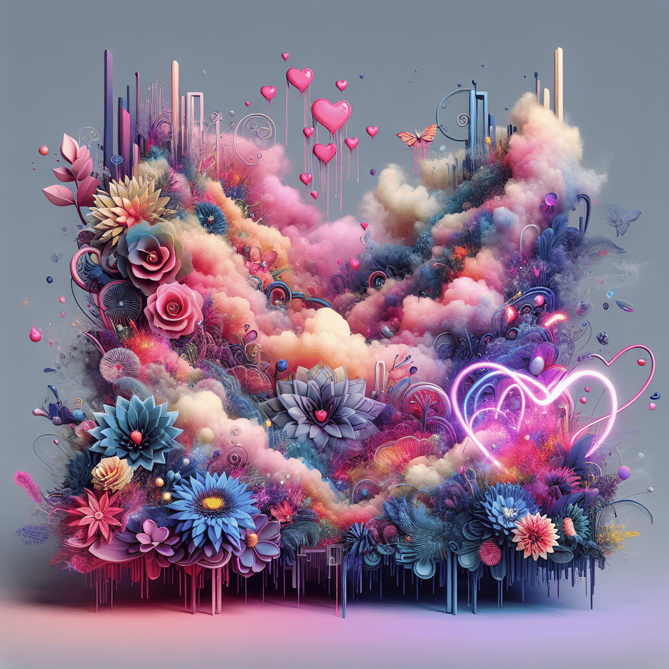 Name Dreamsweetgirl written on the background, small colorful touches of 3D paint and with colorful flowers and pink and purple smoke included. Everything in front with hearts in neon, 3D rendering, 3k, portrait photography, wildlife photography, anime, fashion, graffiti, architecture, 3d render text effect image