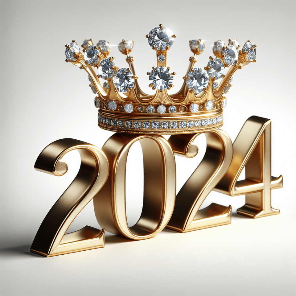 text 2024 golden luxury text effect with crown and diamond on white background, cinematic text effect image