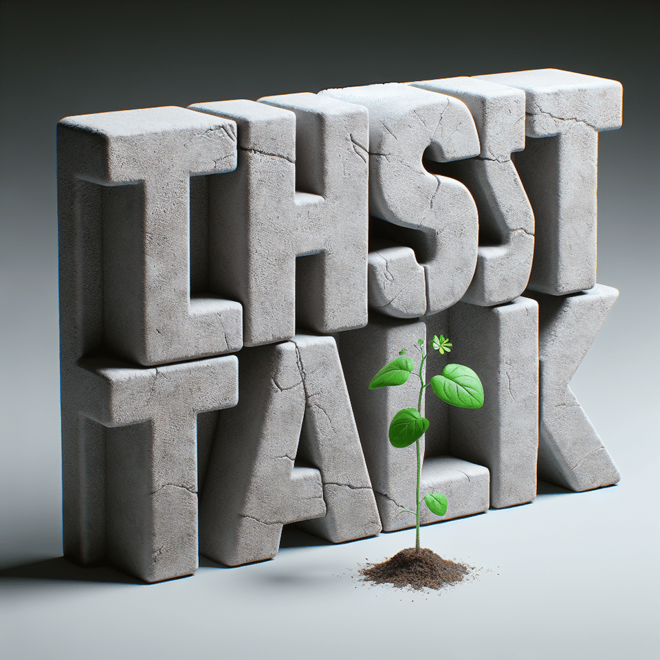 Text The Last talk grey cemented 3d text with a tiny plant and a small flower on the last letter K text effect image