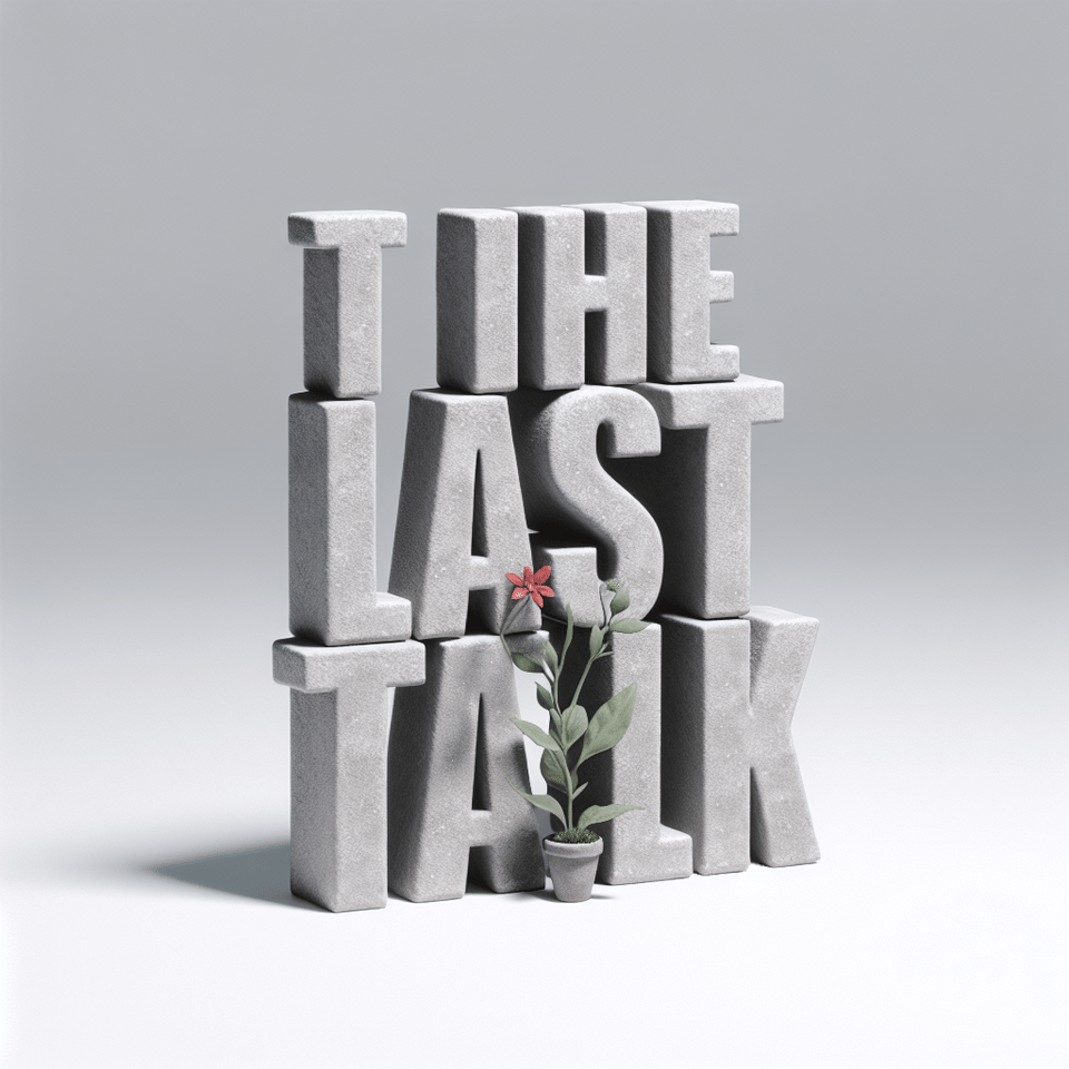 Text The Last talk grey cemented 3d text with a tiny plant and a small red flower on K text effect image