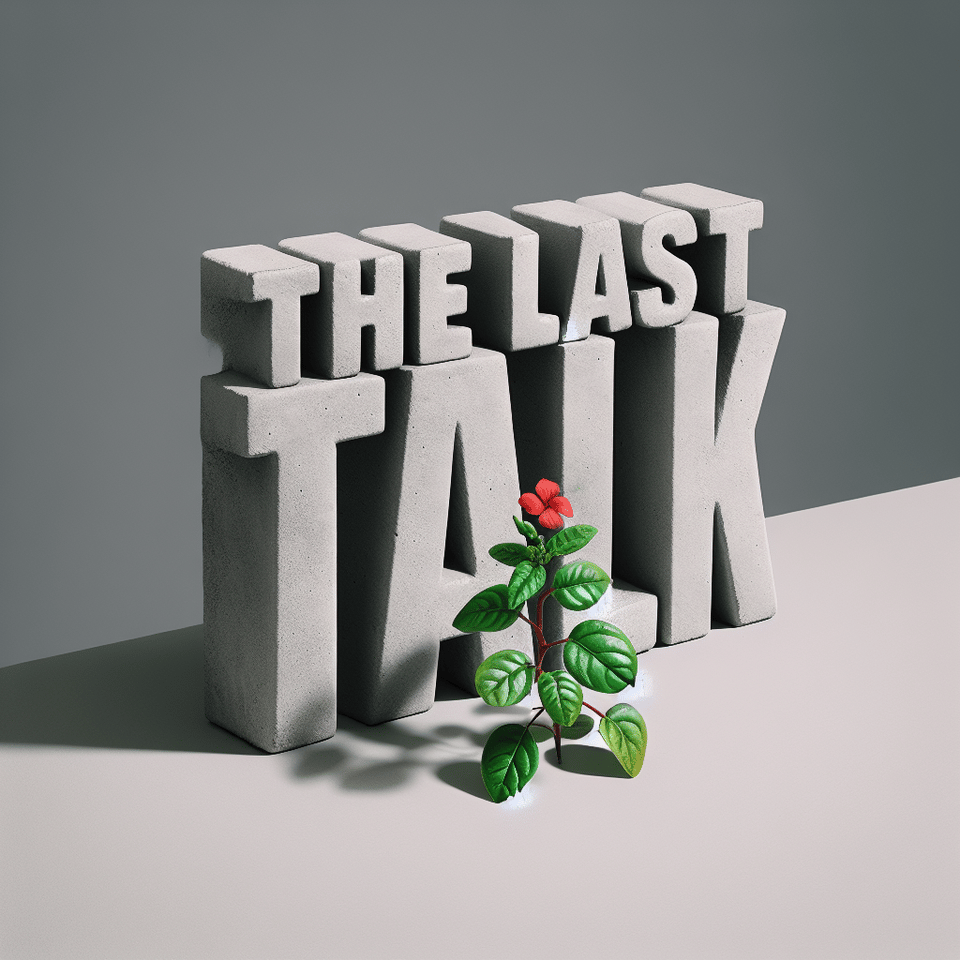 Text The Last Talk grey concrete 3d text and a small plant with red flower growing out at the end. text effect image