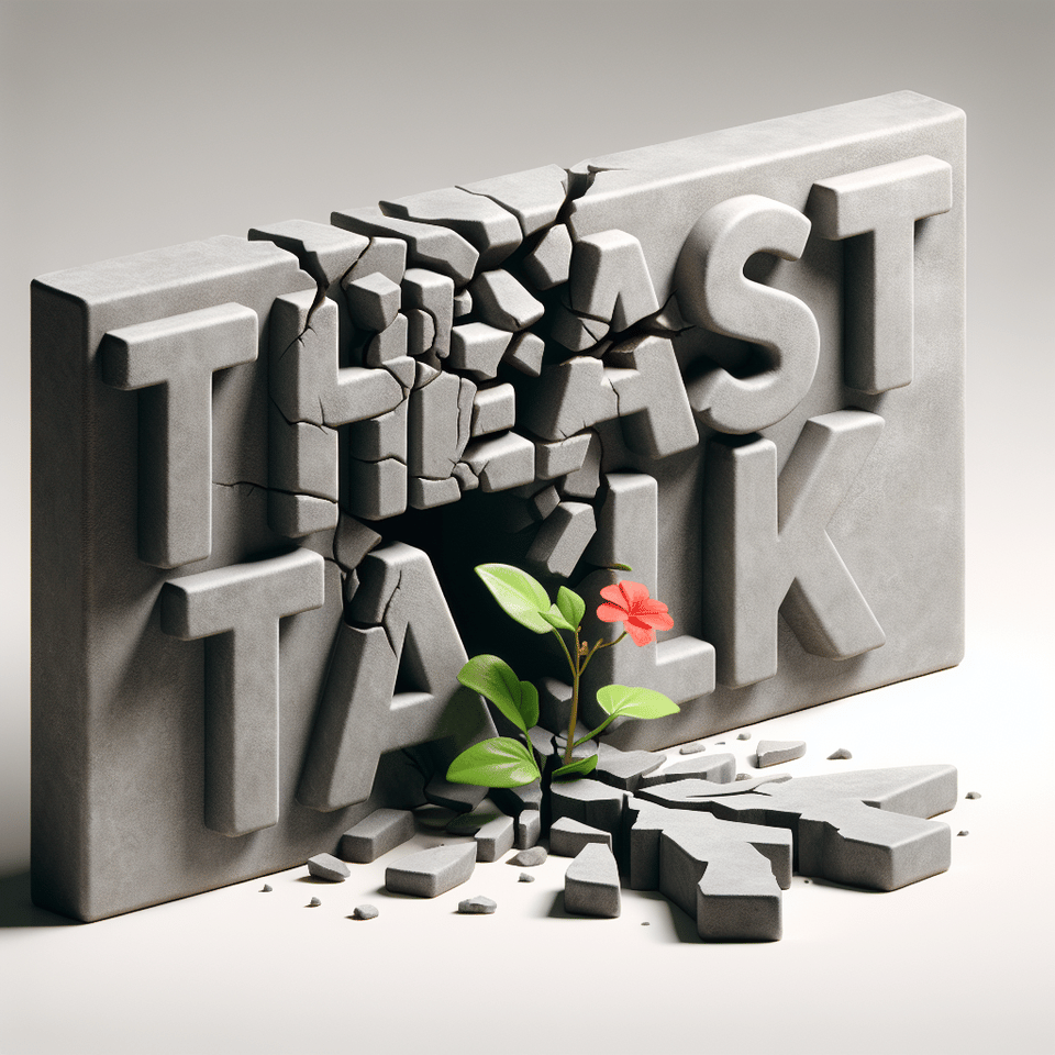 Text The Last Talk grey broken concrete 3d text and a small plant with red flower growing on the last corner text effect image
