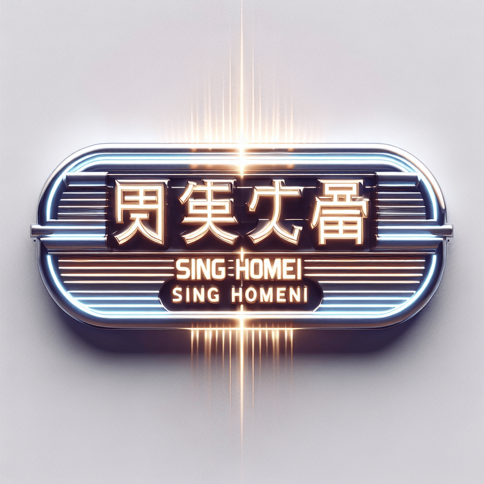 text 馬來西亞料理 SING HOMEI with chrome text effect retro futuristic style horizontal light rays on white background text effect image