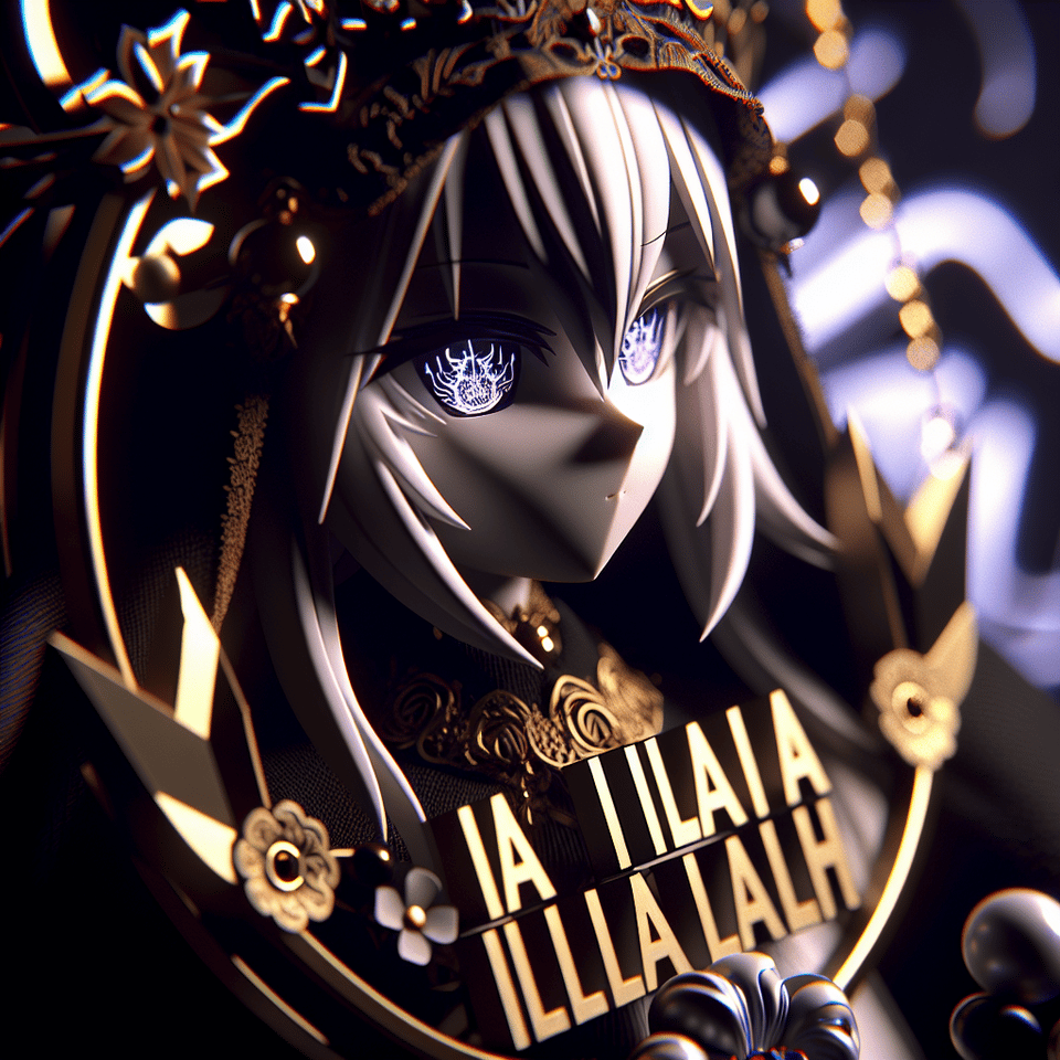 'লা ইলাহা ইল্লাল্লাহ', 3d render, anime, dark fantasy text effect image